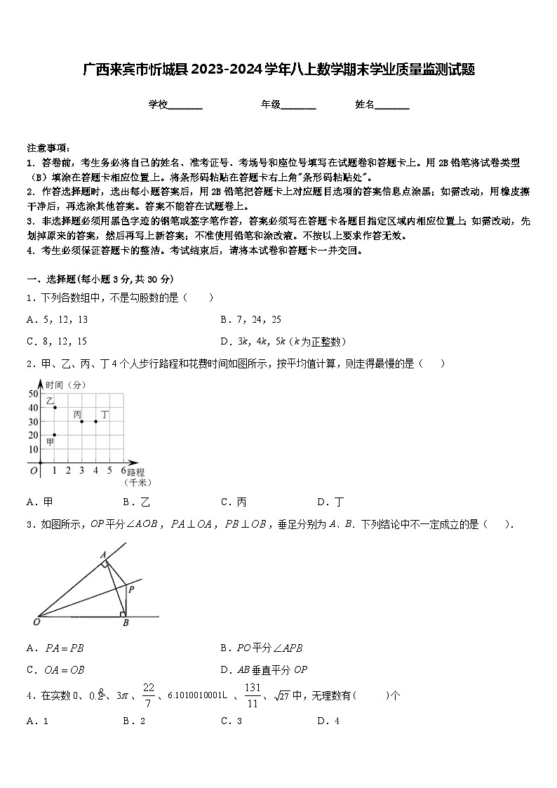 广西来宾市忻城县2023-2024学年八上数学期末学业质量监测试题含答案第1页