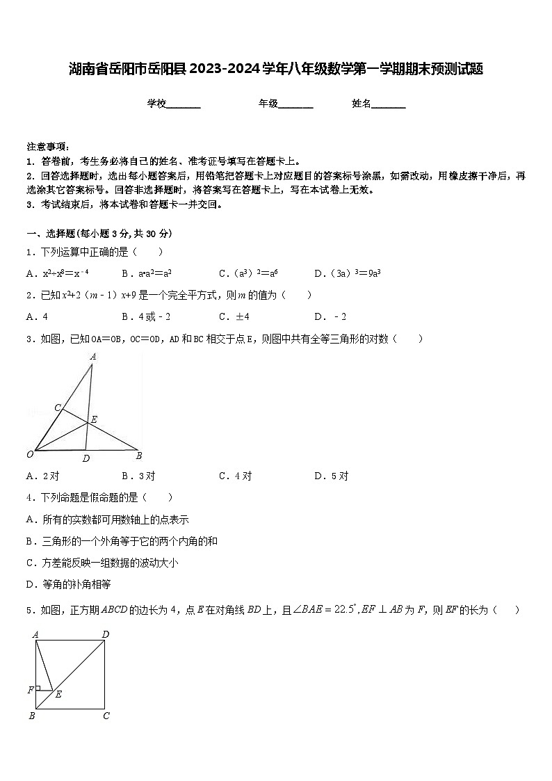 湖南省岳阳市岳阳县2023-2024学年八年级数学第一学期期末预测试题含答案第1页