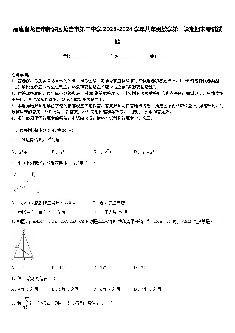 福建省龙岩市新罗区龙岩市第二中学2023-2024学年八年级数学第一学期期末考试试题含答案第1页