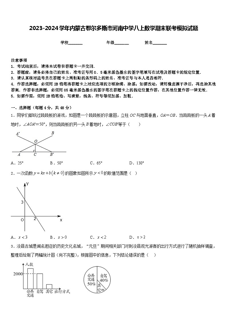 2023-2024学年内蒙古鄂尔多斯市河南中学八上数学期末联考模拟试题含答案第1页