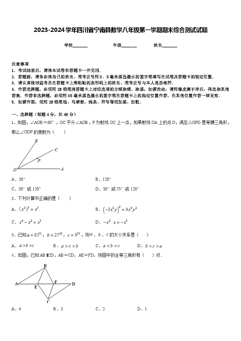 2023-2024学年四川省宁南县数学八年级第一学期期末综合测试试题含答案第1页