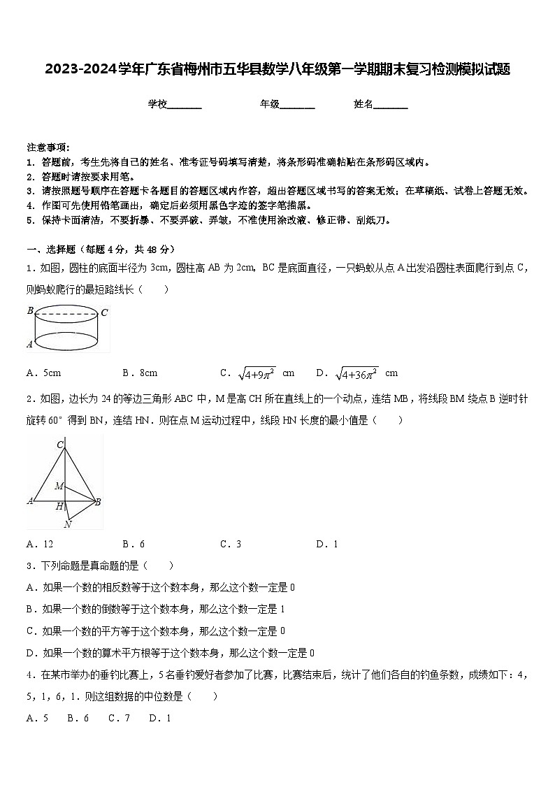 2023-2024学年广东省梅州市五华县数学八年级第一学期期末复习检测模拟试题含答案第1页