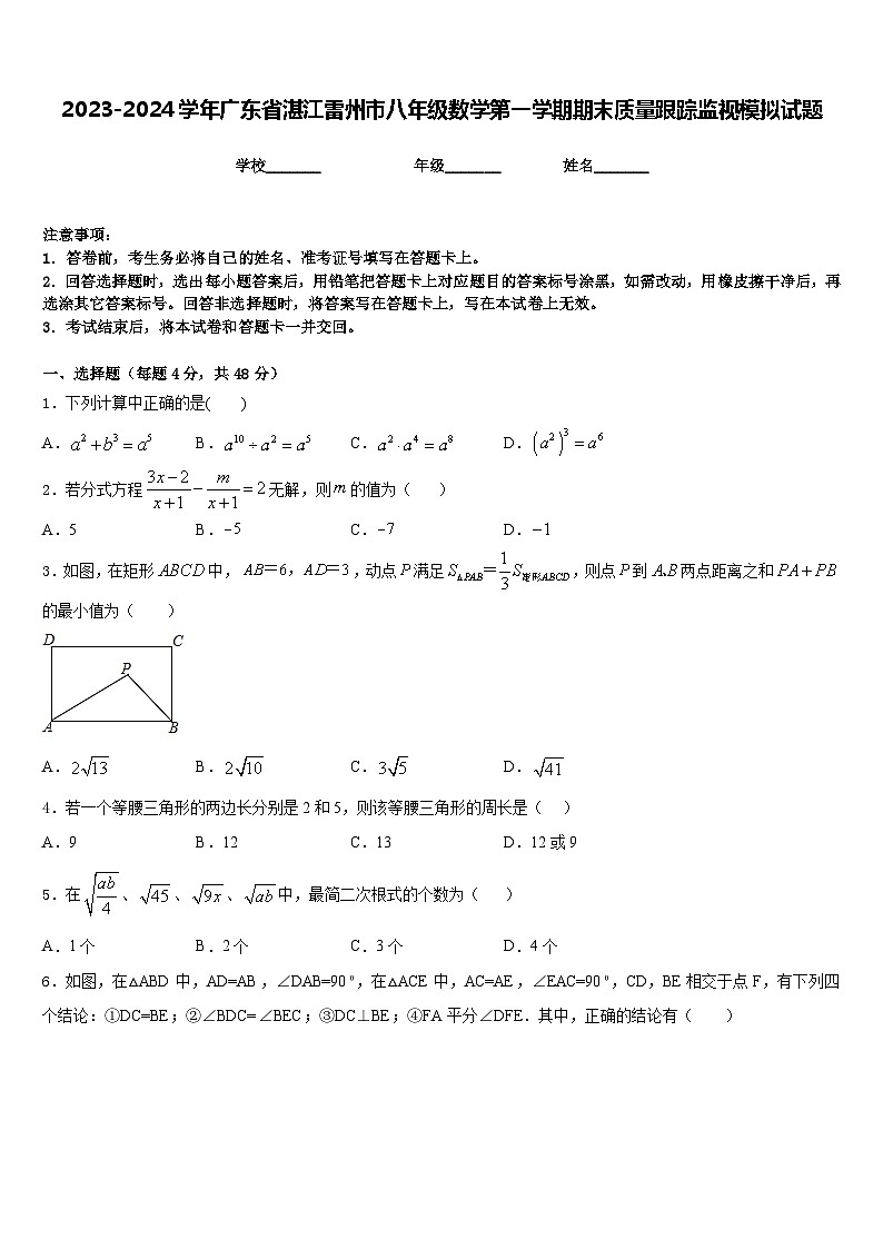 2023-2024学年广东省湛江雷州市八年级数学第一学期期末质量跟踪监视模拟试题含答案第1页
