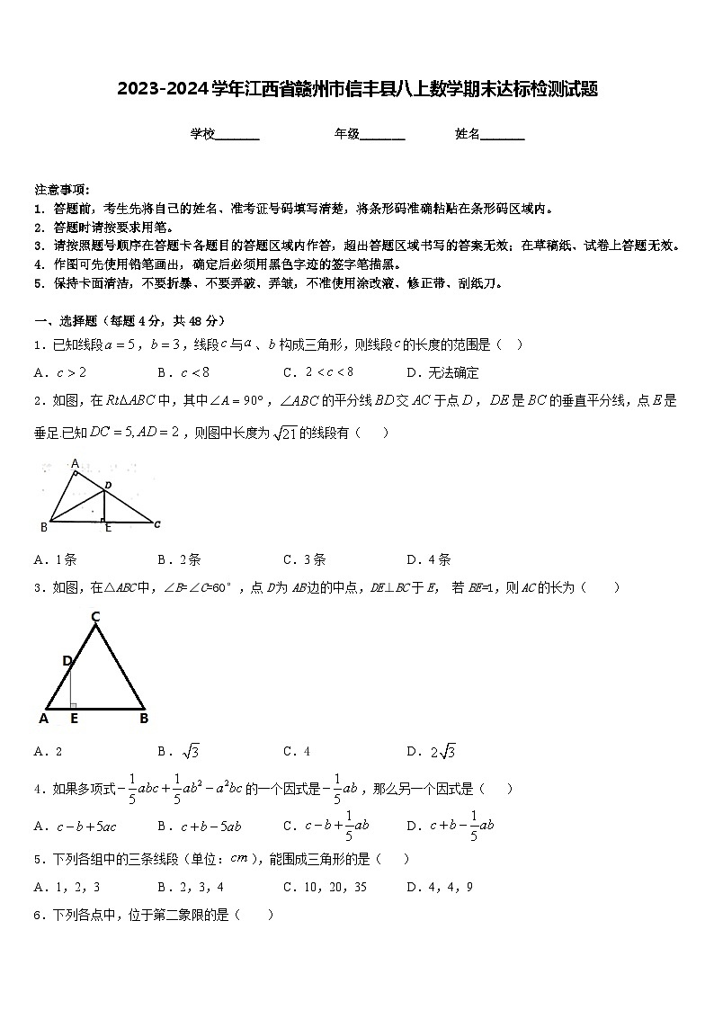2023-2024学年江西省赣州市信丰县八上数学期末达标检测试题含答案01