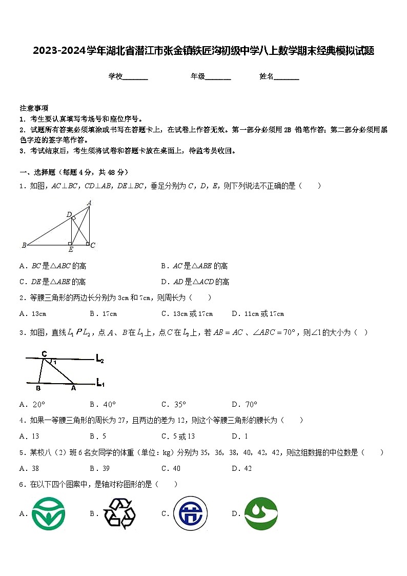 2023-2024学年湖北省潜江市张金镇铁匠沟初级中学八上数学期末经典模拟试题含答案01