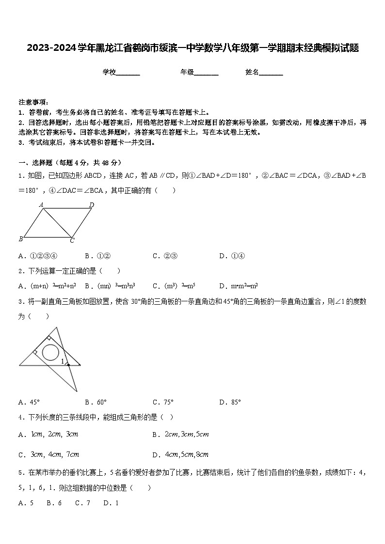 2023-2024学年黑龙江省鹤岗市绥滨一中学数学八年级第一学期期末经典模拟试题含答案第1页