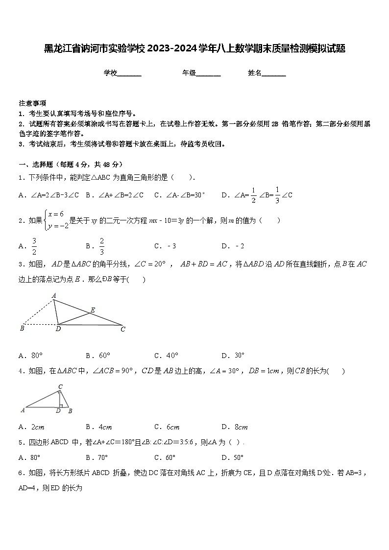 黑龙江省讷河市实验学校2023-2024学年八上数学期末质量检测模拟试题含答案第1页