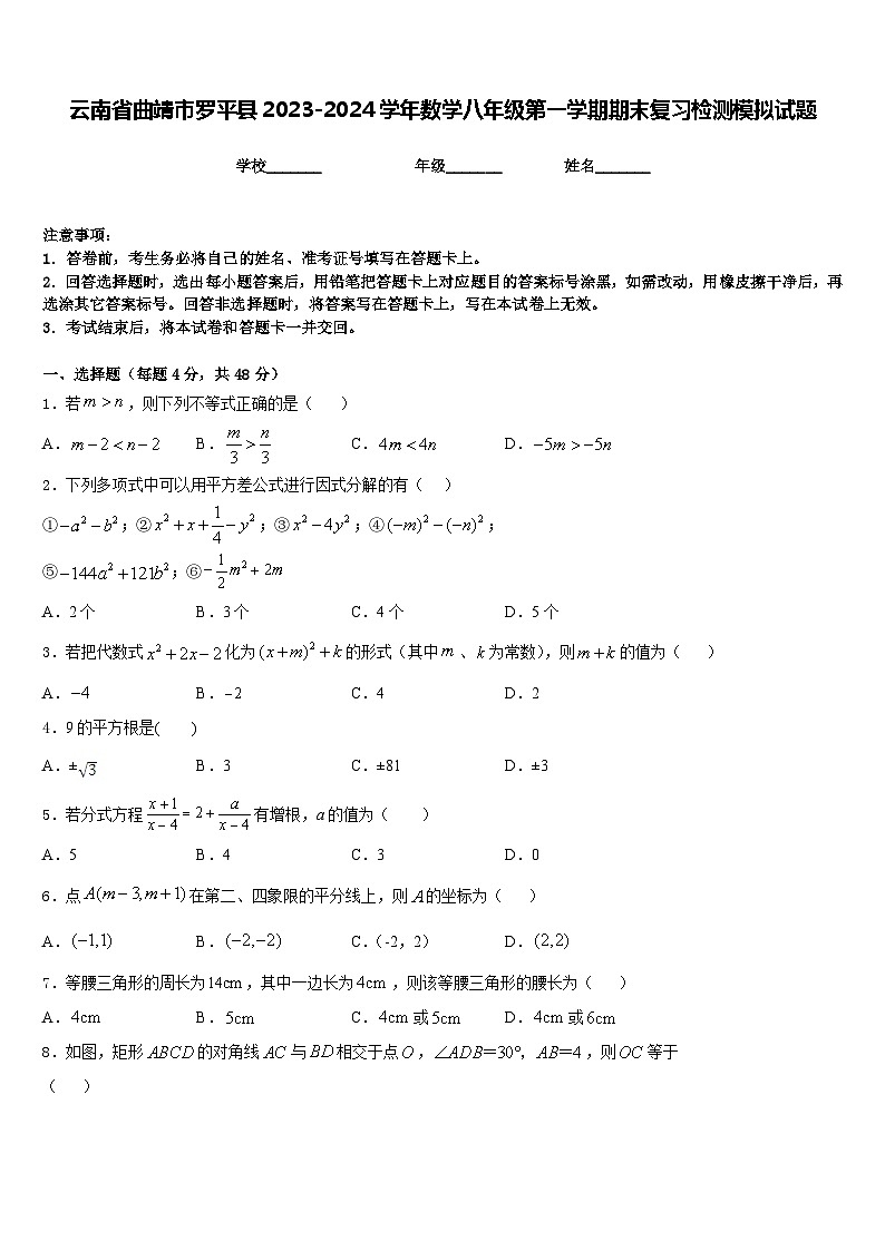 云南省曲靖市罗平县2023-2024学年数学八年级第一学期期末复习检测模拟试题含答案第1页