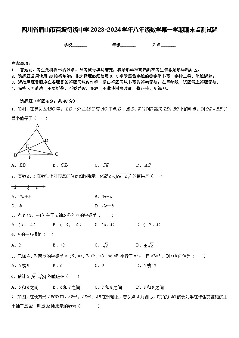 四川省眉山市百坡初级中学2023-2024学年八年级数学第一学期期末监测试题含答案第1页
