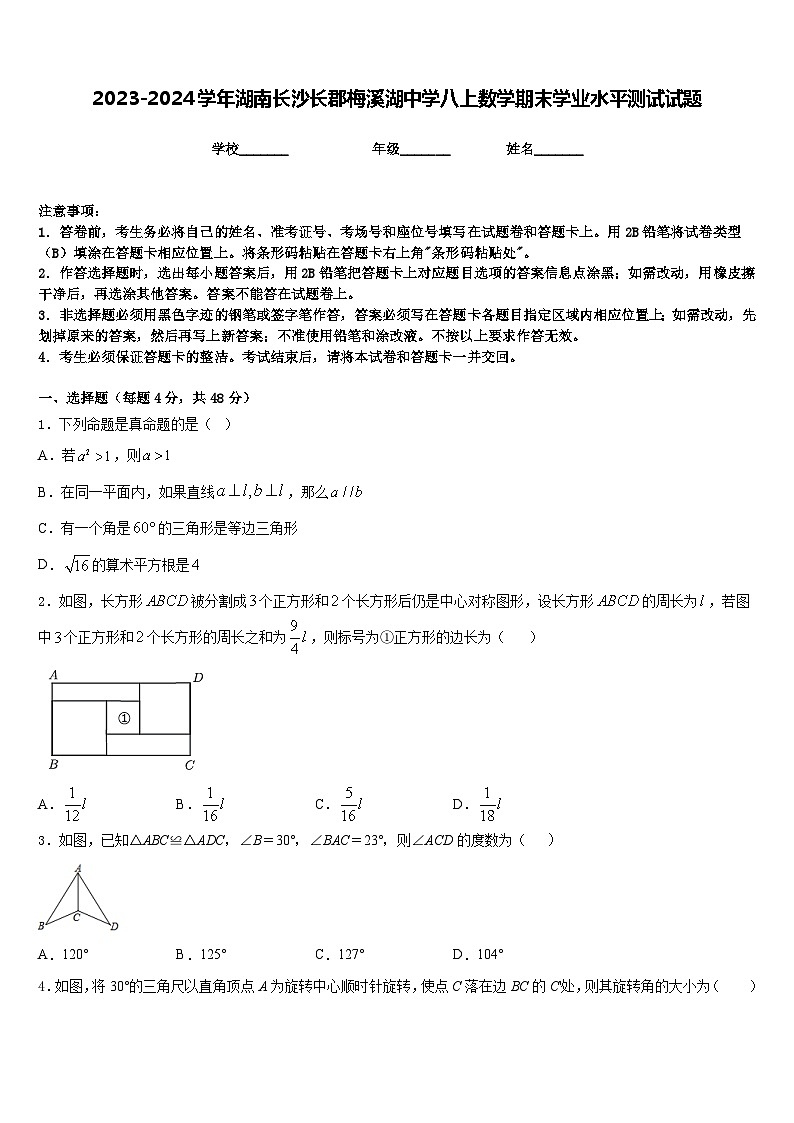 2023-2024学年湖南长沙长郡梅溪湖中学八上数学期末学业水平测试试题含答案第1页
