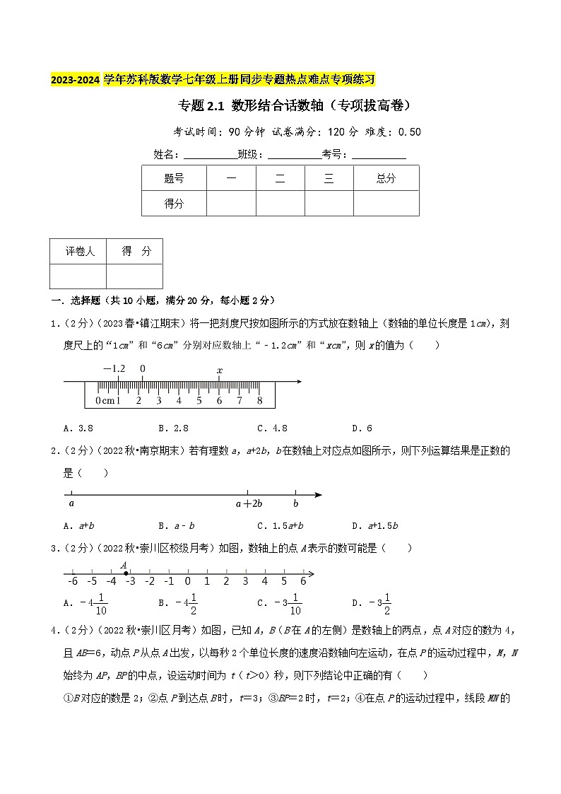 苏科版数学七年级上册同步专题热点难点练习 专题2.1 数形结合画数轴(专项拔高卷)学生版第1页