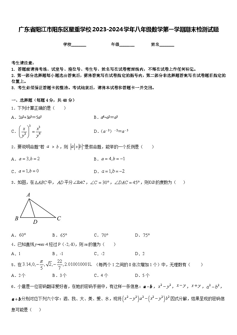 广东省阳江市阳东区星重学校2023-2024学年八年级数学第一学期期末检测试题含答案第1页