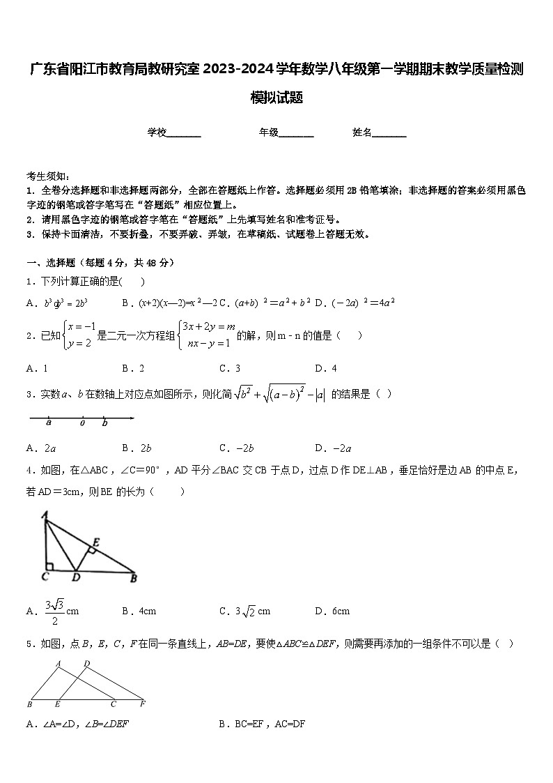 广东省阳江市教育局教研究室2023-2024学年数学八年级第一学期期末教学质量检测模拟试题含答案第1页