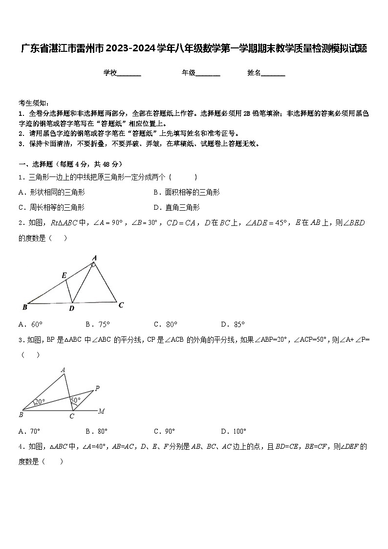 广东省湛江市雷州市2023-2024学年八年级数学第一学期期末教学质量检测模拟试题含答案第1页