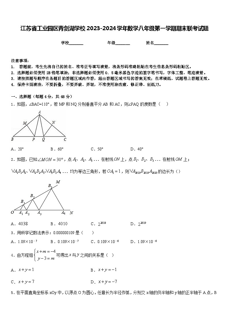 江苏省工业园区青剑湖学校2023-2024学年数学八年级第一学期期末联考试题含答案第1页