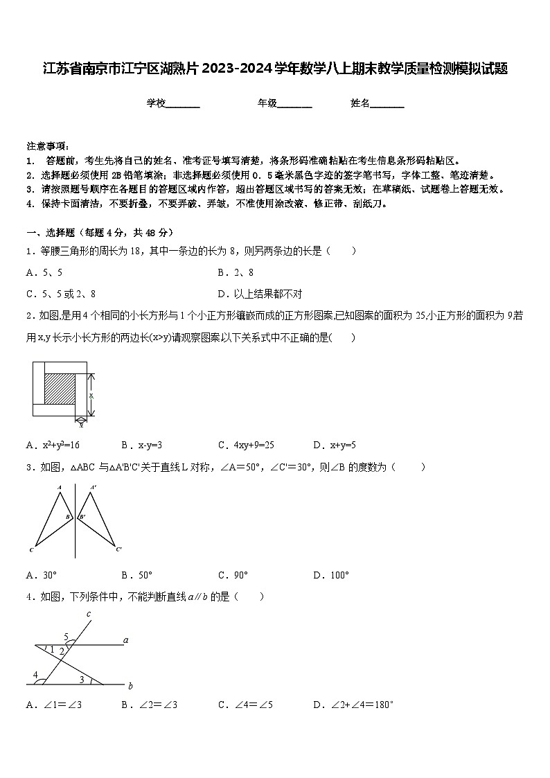 江苏省南京市江宁区湖熟片2023-2024学年数学八上期末教学质量检测模拟试题含答案01