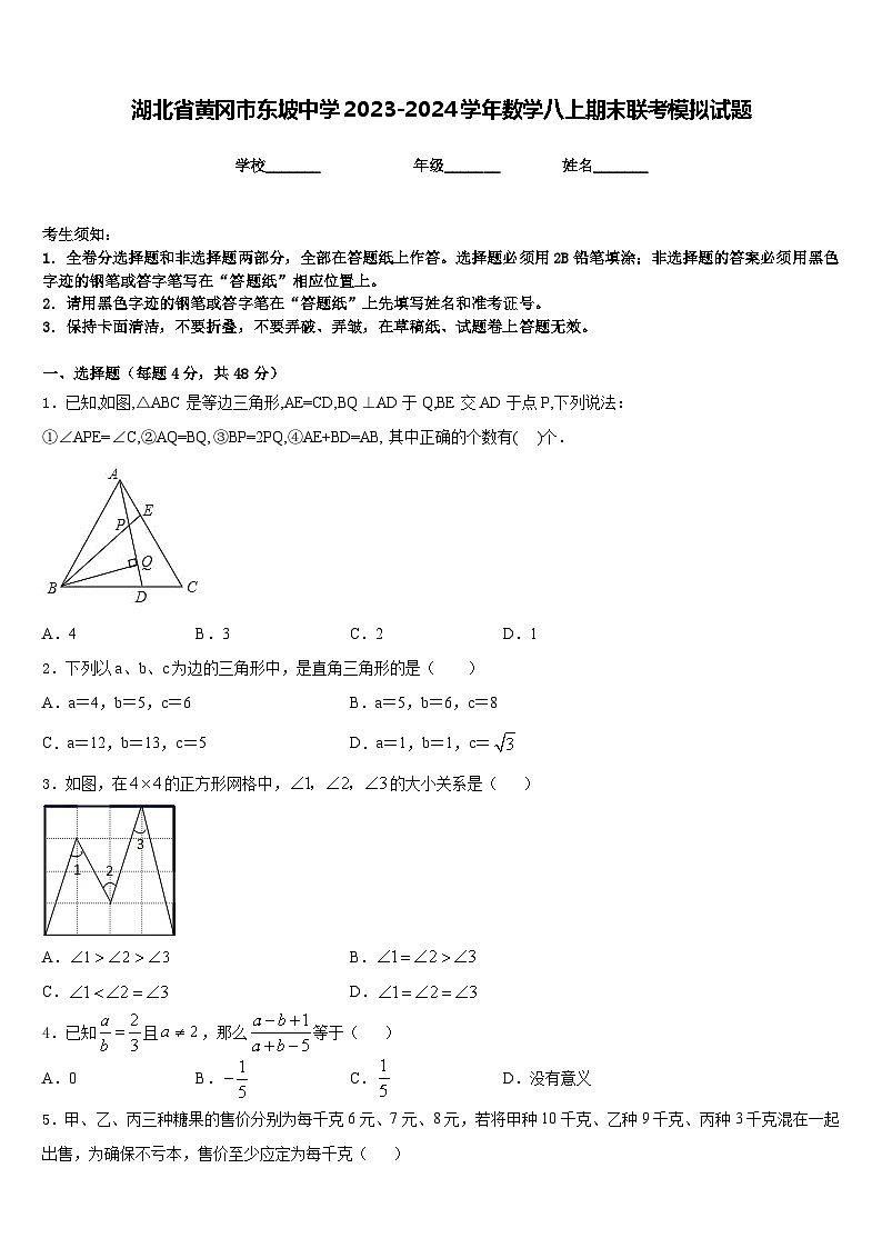湖北省黄冈市东坡中学2023-2024学年数学八上期末联考模拟试题含答案第1页