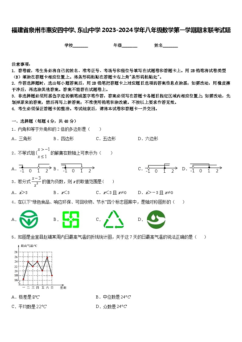 福建省泉州市惠安四中学、东山中学2023-2024学年八年级数学第一学期期末联考试题含答案第1页