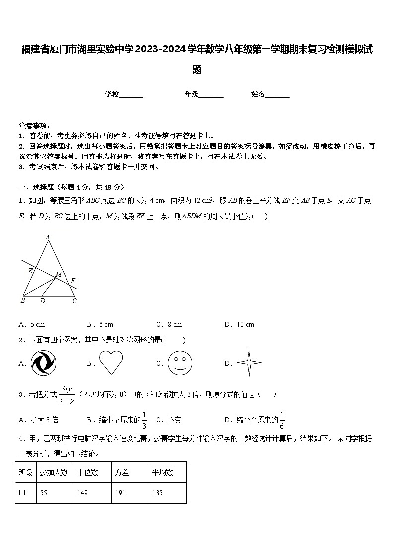 福建省厦门市湖里实验中学2023-2024学年数学八年级第一学期期末复习检测模拟试题含答案第1页