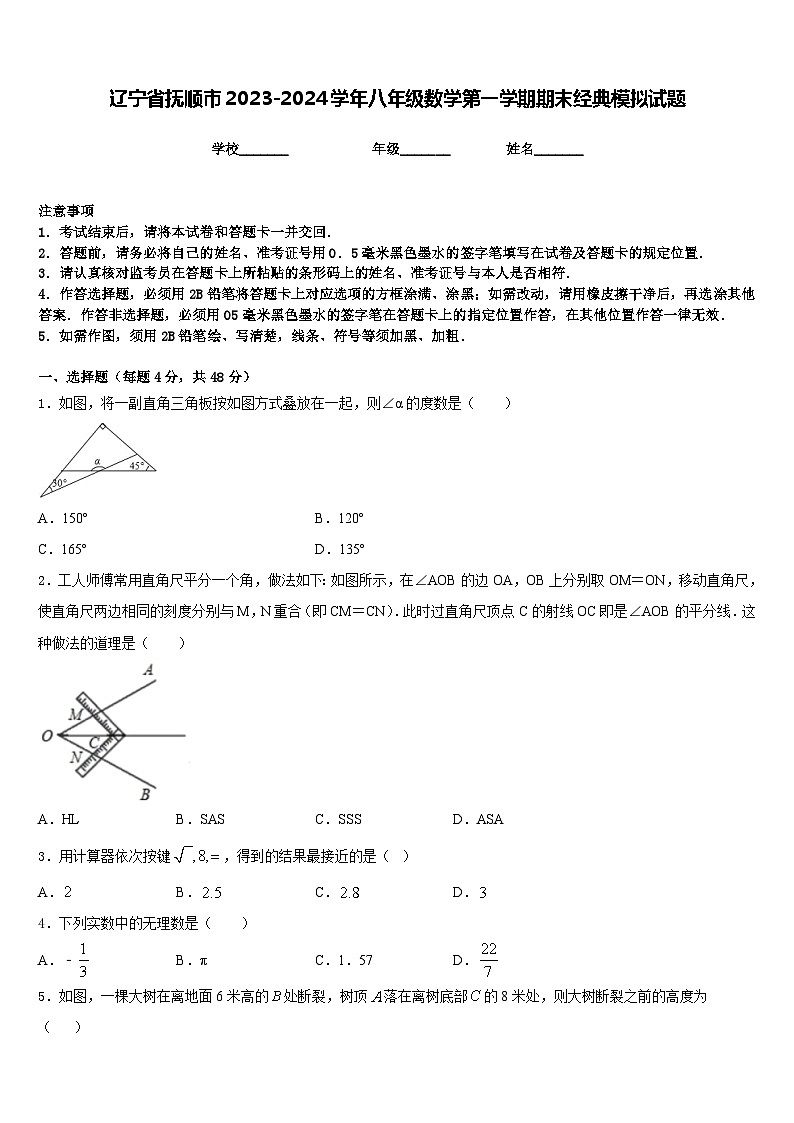 辽宁省抚顺市2023-2024学年八年级数学第一学期期末经典模拟试题含答案第1页