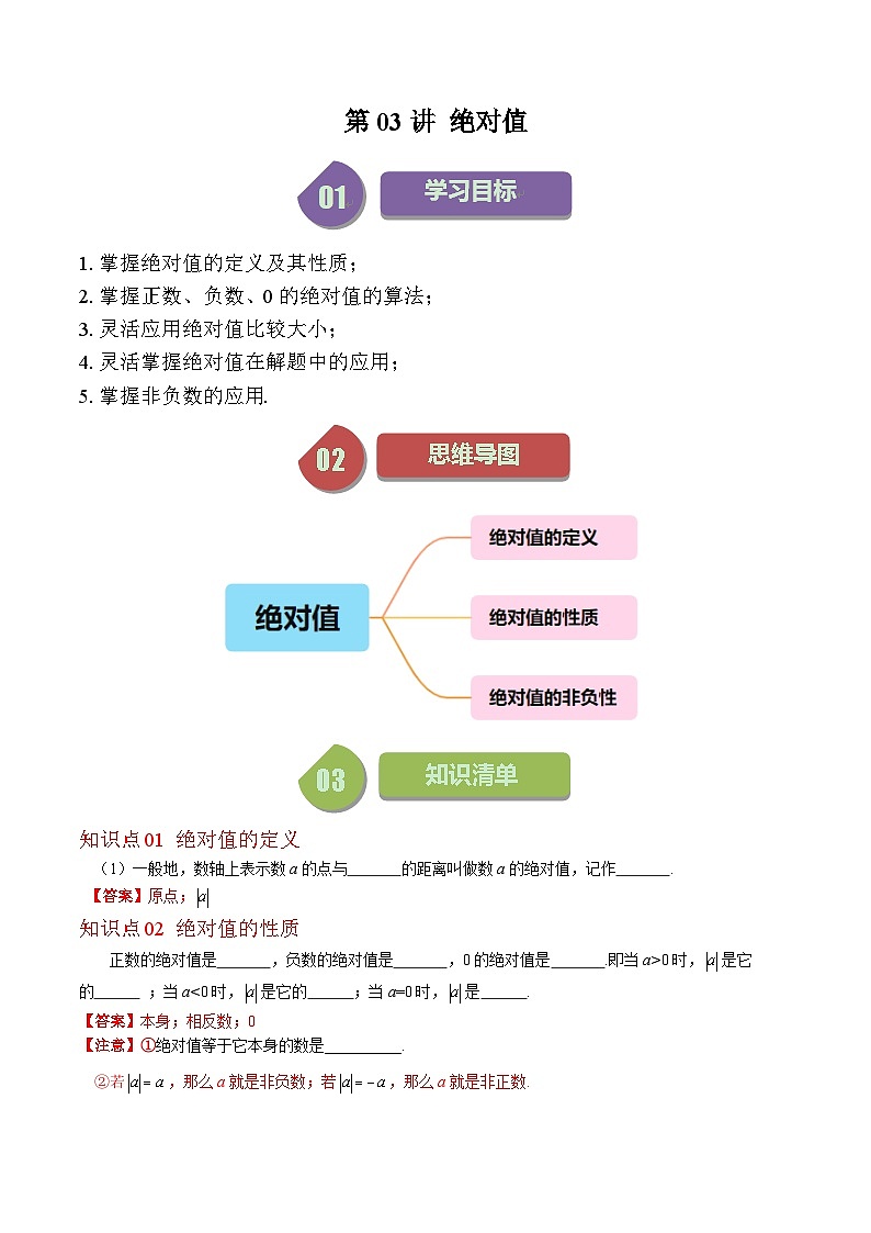 北师大版七年级数学上册同步学与练 第03讲 绝对值(10类热点题型讲练)(原卷版+解析版)01