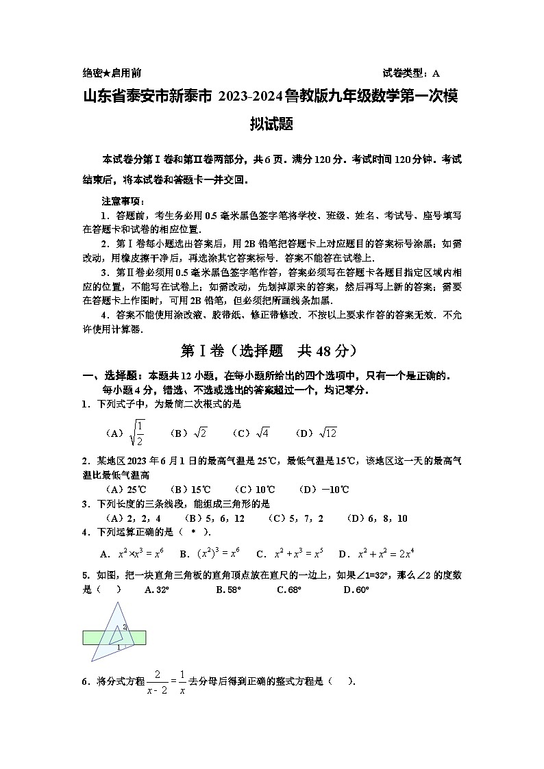 山东省泰安市新泰市2023-2024鲁教版九年级数学第一次模拟试题第1页