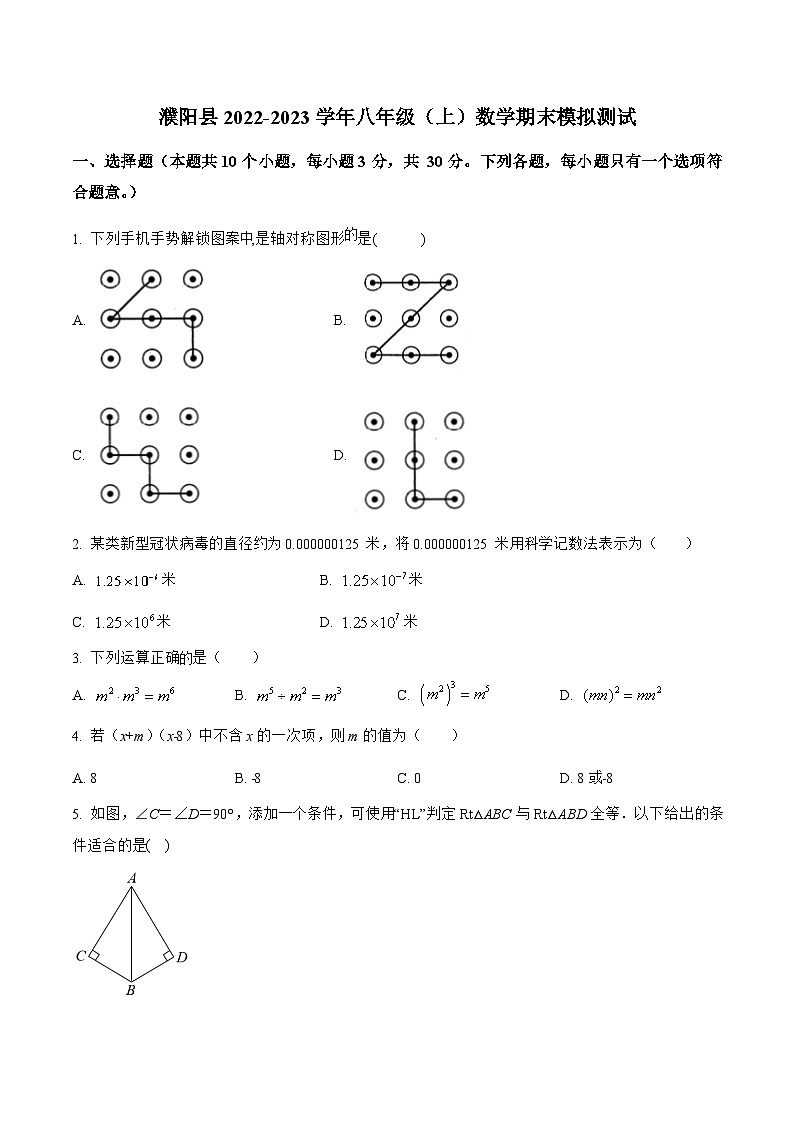 河南省濮阳市濮阳县2022-2023学年八年级上学期期末模拟测试数学试卷(含解析)01