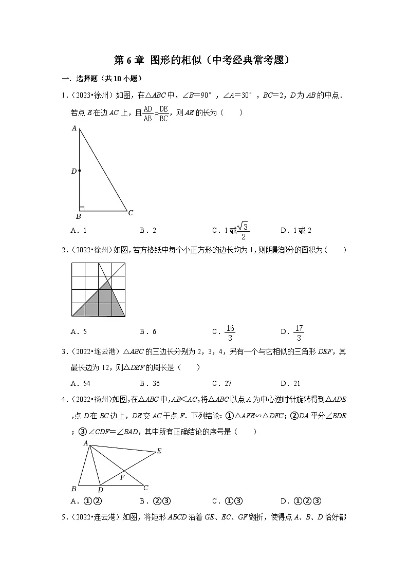 第6章 图形的相似(中考经典常考题)-江苏省2023-2024学年下学期九年级数学单元培优专题练习(苏科版)第1页