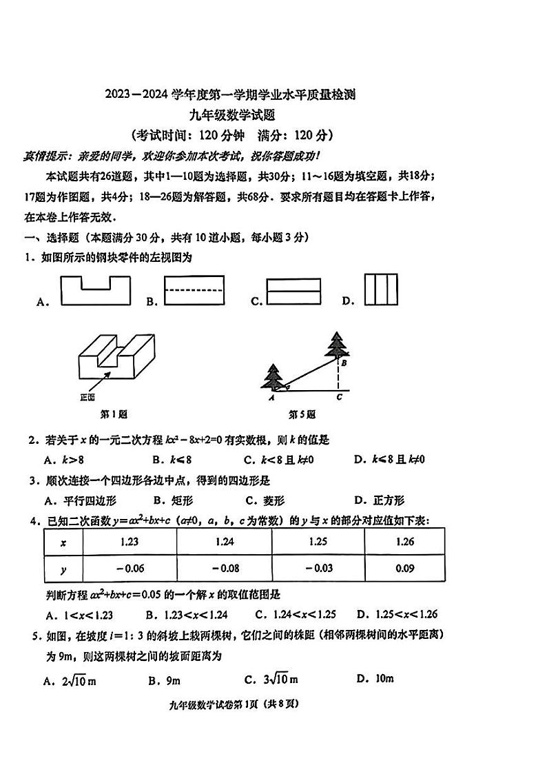 山东省青岛市南区2023—-2024学年上学期期末九年级数学试题第1页
