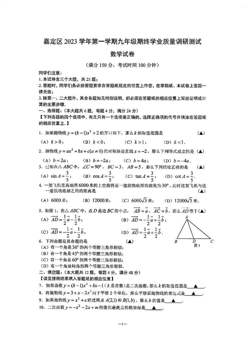 2024届嘉定区初三一模数学试卷含答案01