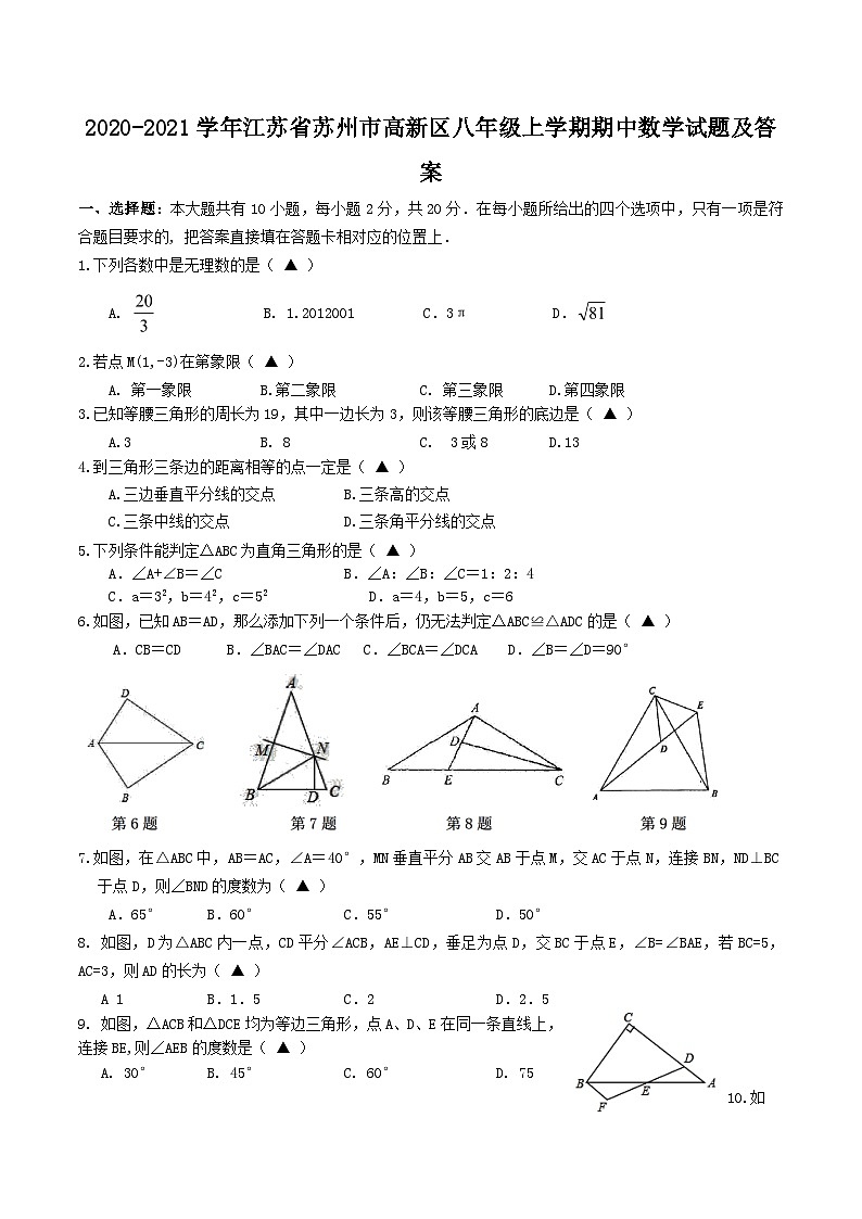2020-2021学年江苏省苏州市高新区八年级上学期期中数学试题及答案第1页