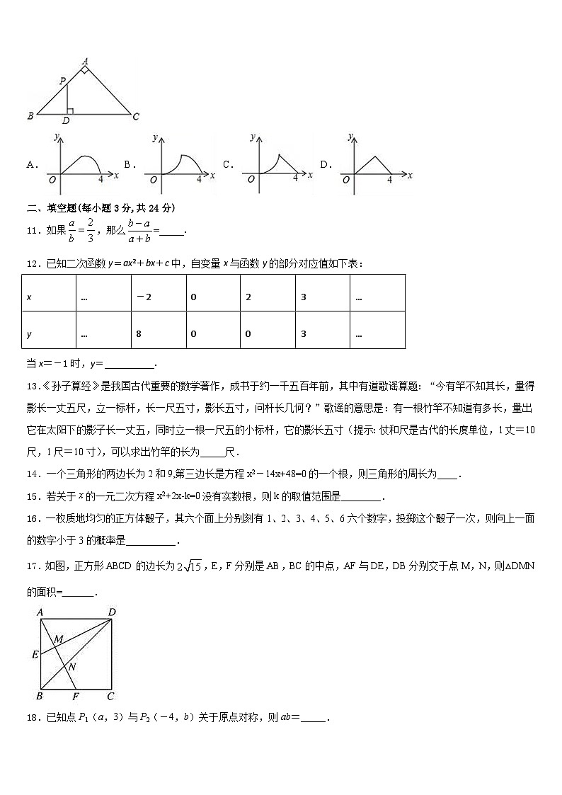 上海市普陀区名校2023-2024学年九上数学期末联考模拟试题含答案03