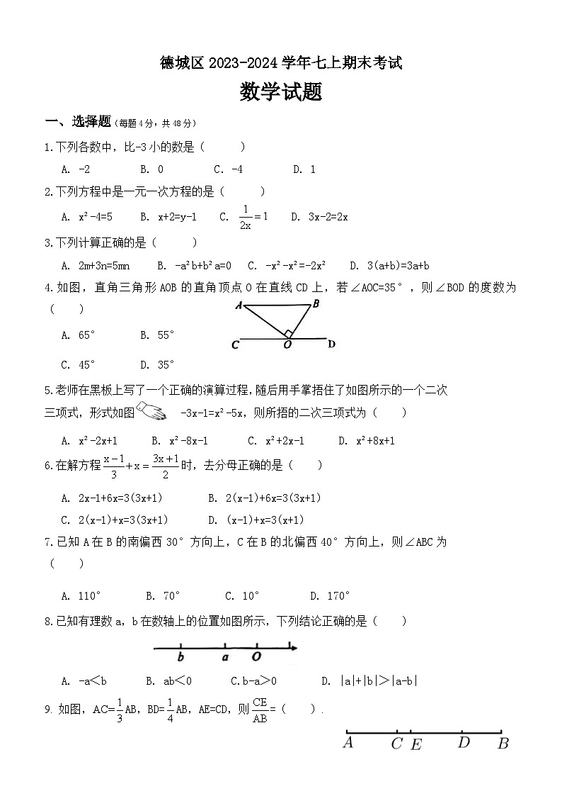 山东省德州市德城区+2023-2024学年+上学期+1月七年级数学+期末试题第1页
