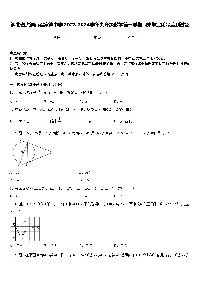 湖北省洪湖市瞿家湾中学2023-2024学年九年级数学第一学期期末学业质量监测试题含答案第1页