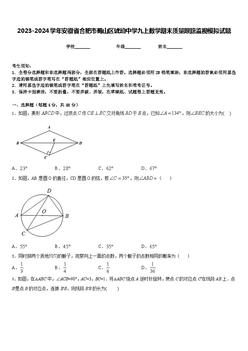 2023-2024学年安徽省合肥市蜀山区琥珀中学九上数学期末质量跟踪监视模拟试题含答案01