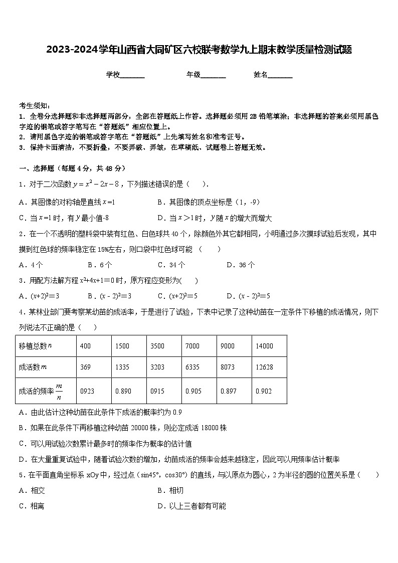 2023-2024学年山西省大同矿区六校联考数学九上期末教学质量检测试题含答案01