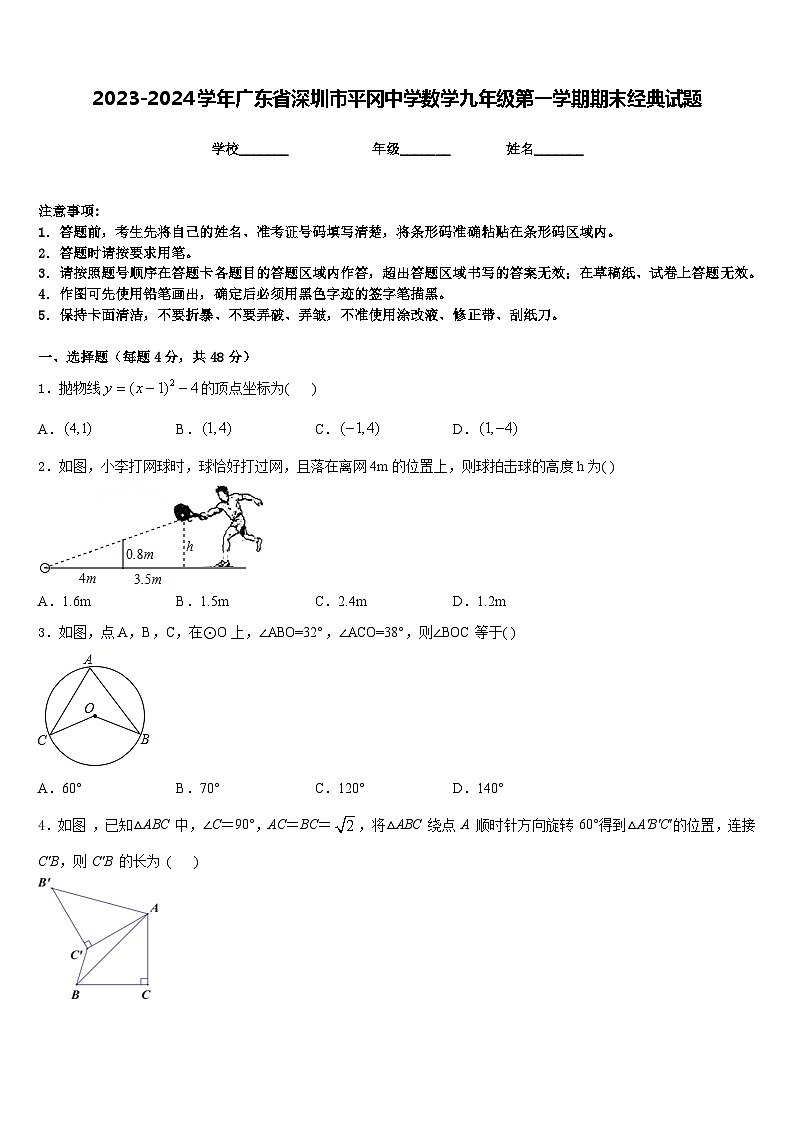 2023-2024学年广东省深圳市平冈中学数学九年级第一学期期末经典试题含答案第1页