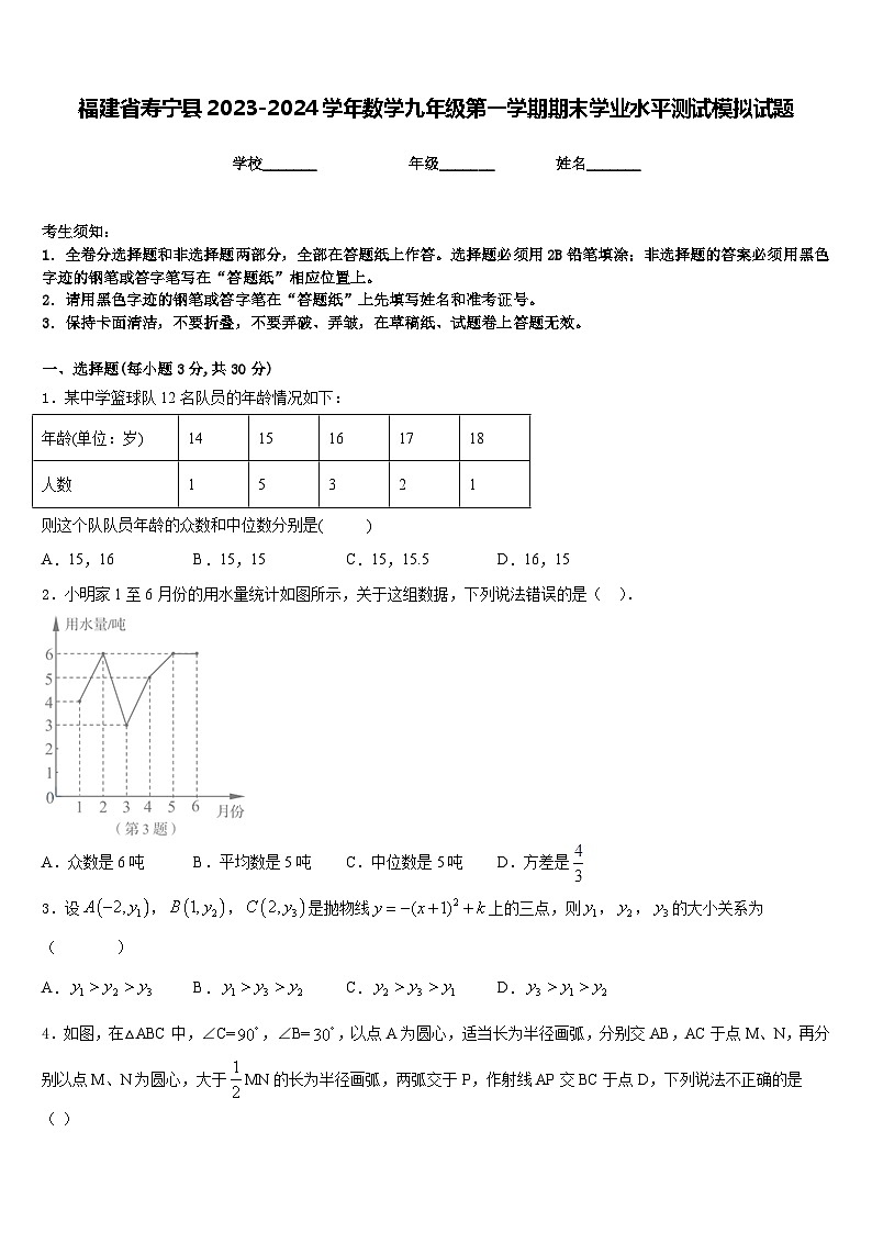 福建省寿宁县2023-2024学年数学九年级第一学期期末学业水平测试模拟试题含答案第1页
