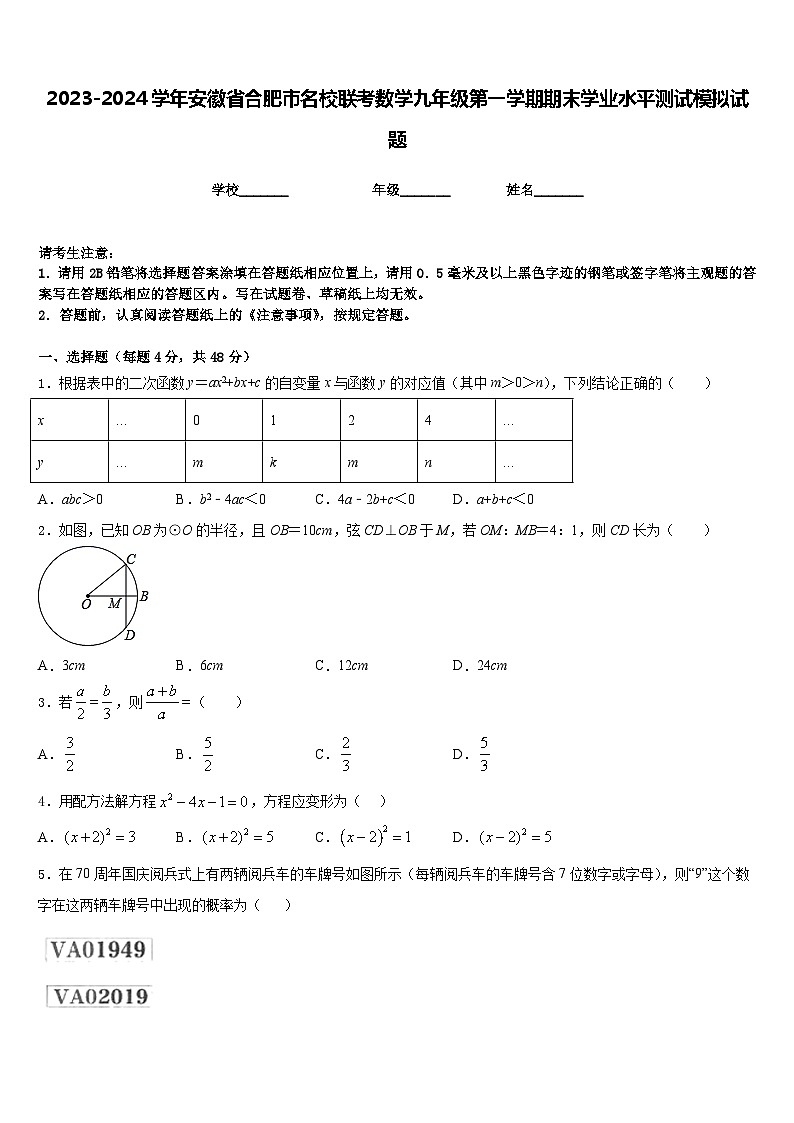 2023-2024学年安徽省合肥市名校联考数学九年级第一学期期末学业水平测试模拟试题含答案第1页