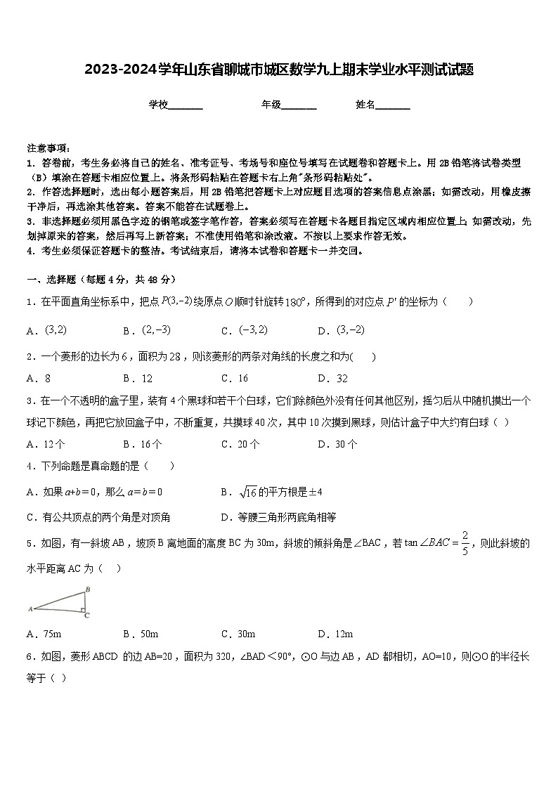 2023-2024学年山东省聊城市城区数学九上期末学业水平测试试题含答案01