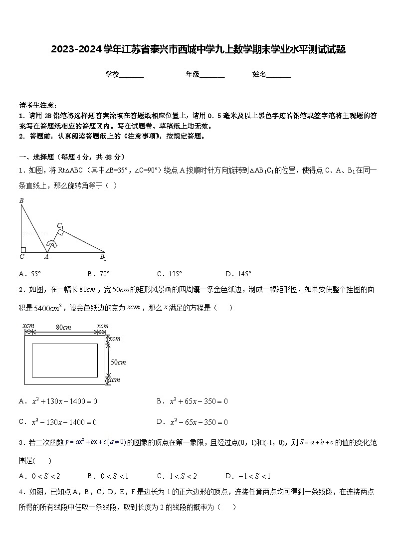 2023-2024学年江苏省泰兴市西城中学九上数学期末学业水平测试试题含答案第1页