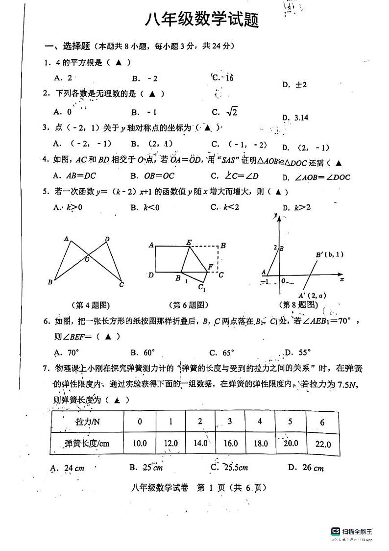 2023-2024年江苏省宿迁市泗洪县八年级上学期数学期末试卷第1页