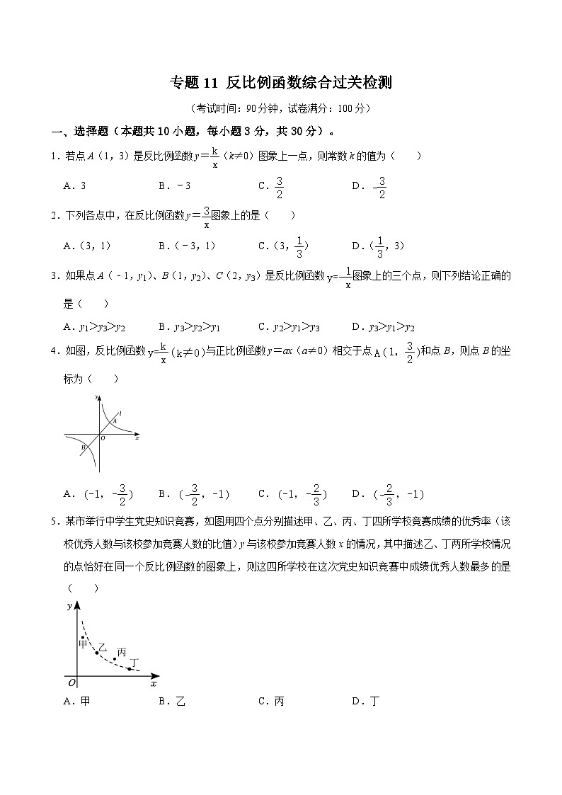 专题11 反比例函数综合过关检测-备战2024年中考数学一轮复习考点帮(全国通用)(考试版)第1页