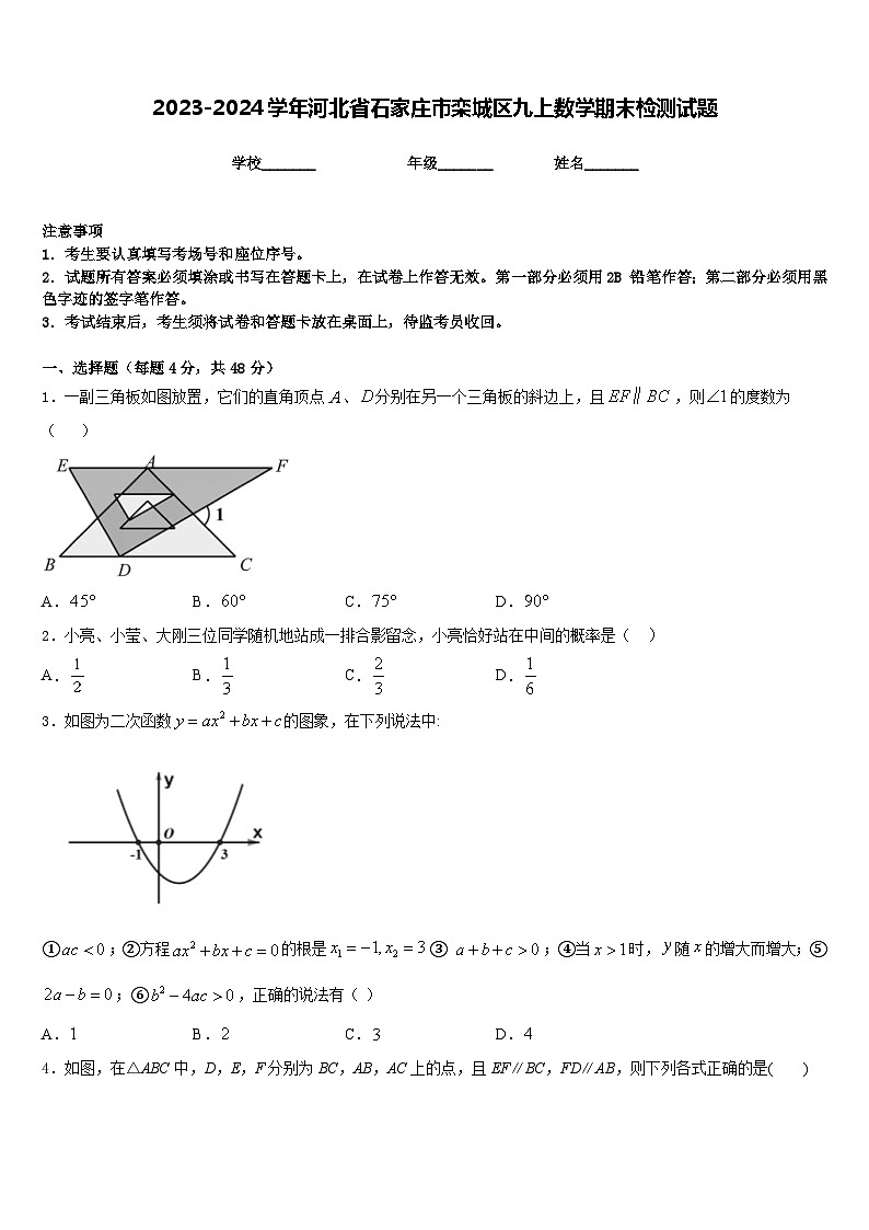 2023-2024学年河北省石家庄市栾城区九上数学期末检测试题含答案01