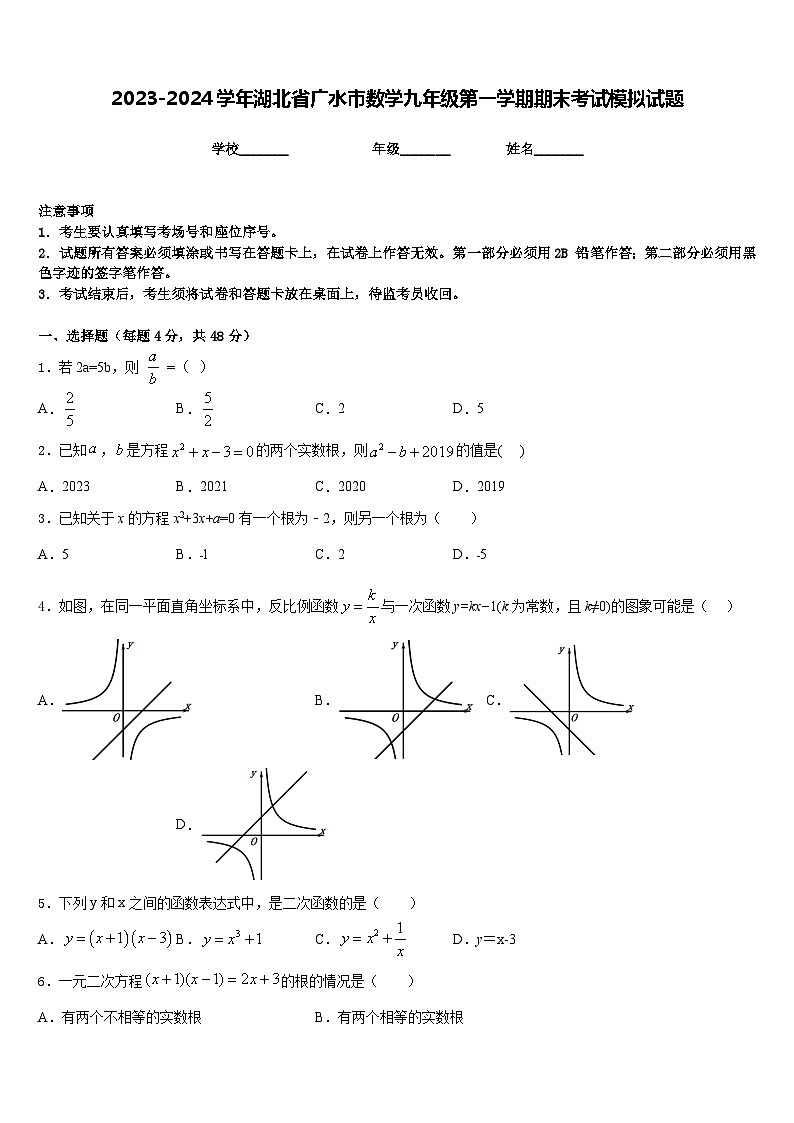 2023-2024学年湖北省广水市数学九年级第一学期期末考试模拟试题含答案第1页
