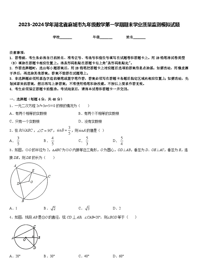 2023-2024学年湖北省麻城市九年级数学第一学期期末学业质量监测模拟试题含答案01