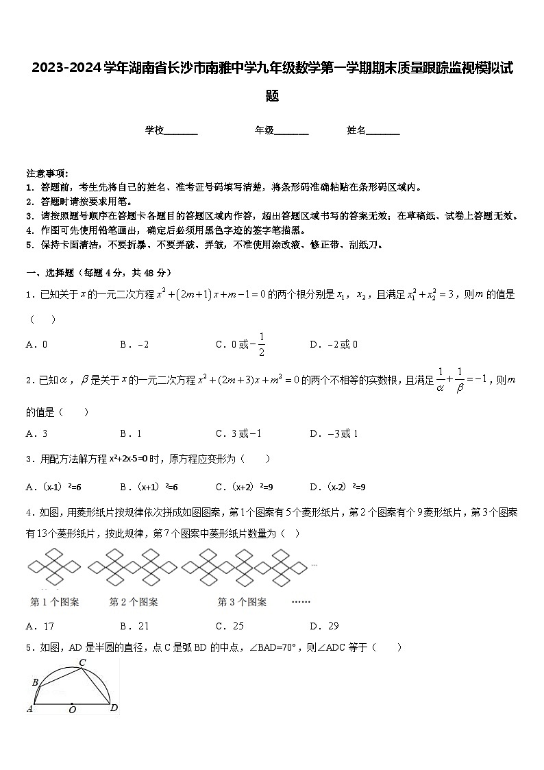 2023-2024学年湖南省长沙市南雅中学九年级数学第一学期期末质量跟踪监视模拟试题含答案第1页
