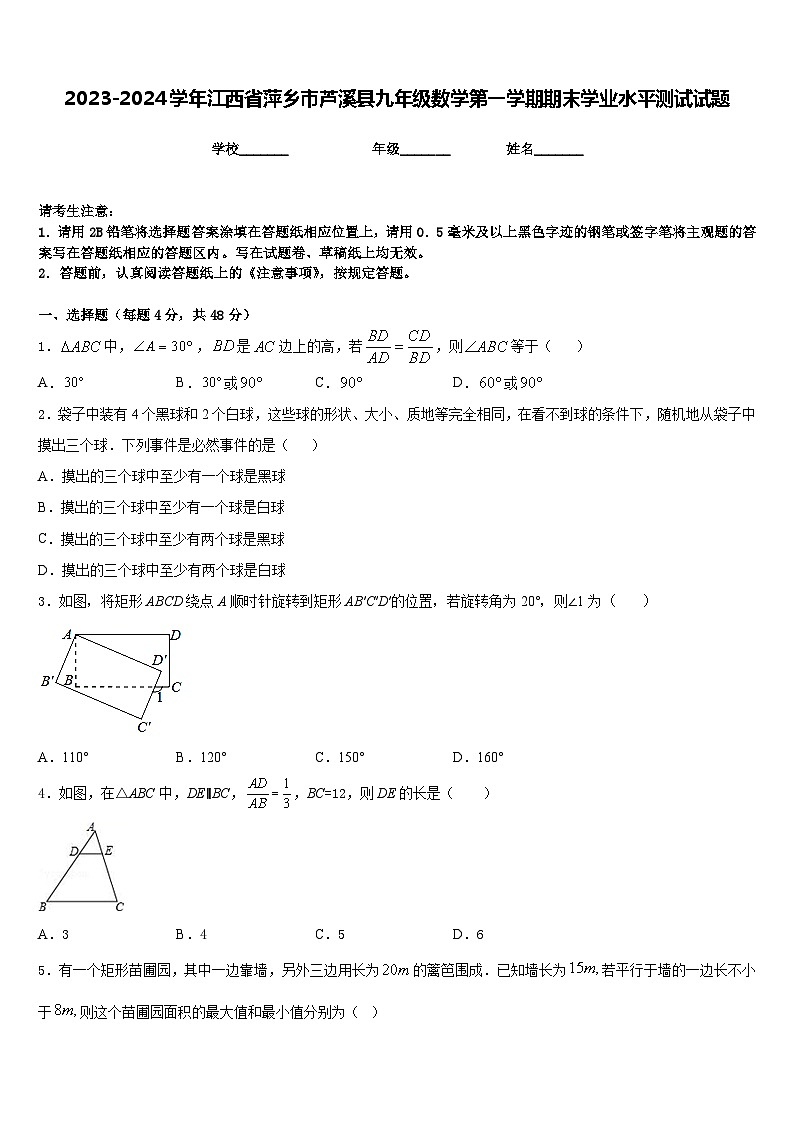 2023-2024学年江西省萍乡市芦溪县九年级数学第一学期期末学业水平测试试题含答案第1页