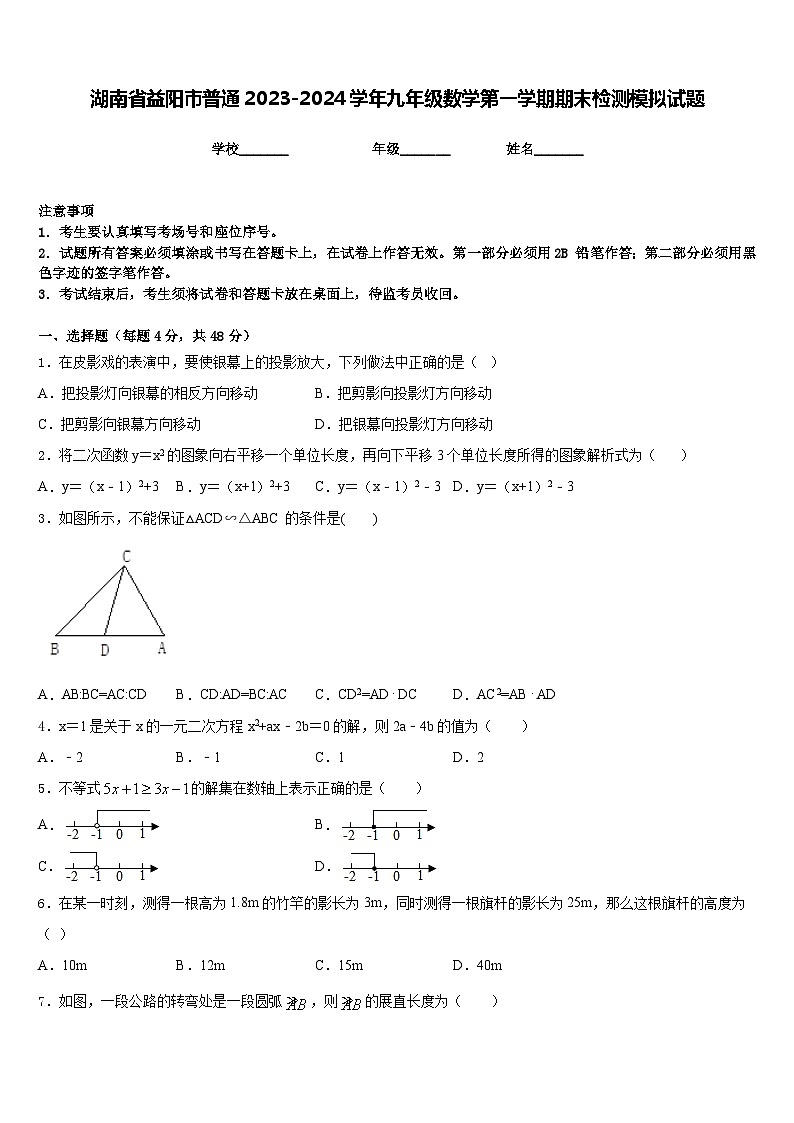 湖南省益阳市普通2023-2024学年九年级数学第一学期期末检测模拟试题含答案第1页