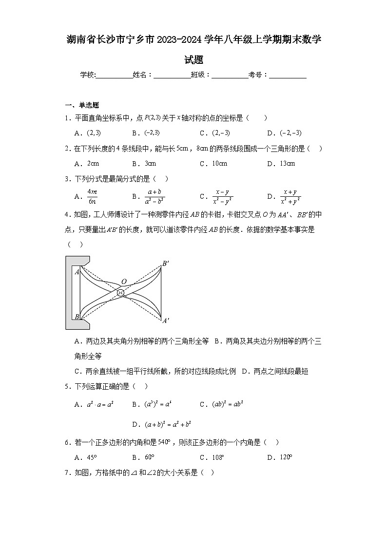 湖南省长沙市宁乡市2023-2024学年八年级上学期期末数学试题(含答案)第1页